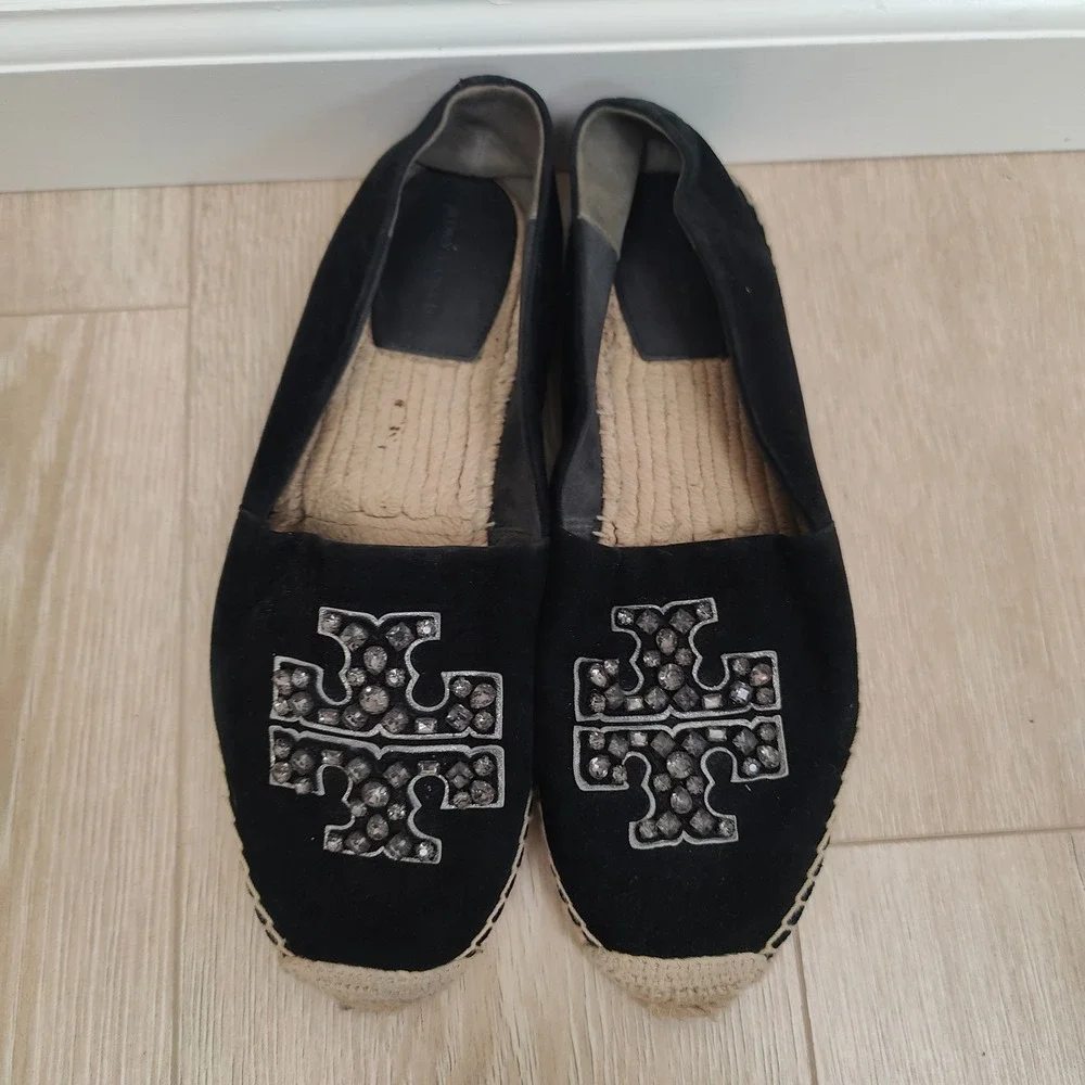 Tory Burch Embellished Jeweled Espadrille Flats Womens 11 Black Diamond‎ Suede